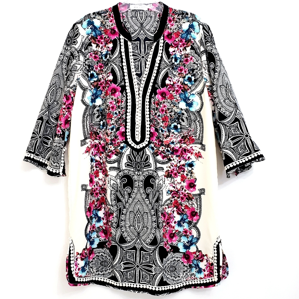 Nwot  Ark & Co Black & Creme with Multicolor Floral 3/4 Sleeve Tunic Dress